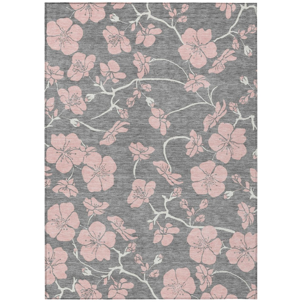 HomeRoots 5' Gray Pink Ivory Floral Washable Area Rug - Durable Indoor Outdoor Design for High-Traffic Spaces 5' X 8' 600001