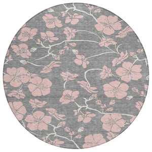 HomeRoots 5' Gray Pink Ivory Floral Washable Area Rug - Durable Indoor Outdoor Design for High-Traffic Spaces 8' Round 600002