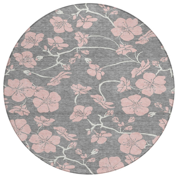 HomeRoots 5' Gray Pink Ivory Floral Washable Area Rug - Durable Indoor Outdoor Design for High-Traffic Spaces 8' Round 600002