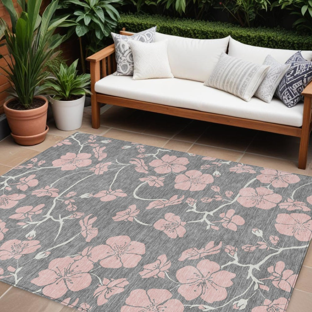 HomeRoots 9' X 12' Floral Washable Area Rug in Gray, Pink & Ivory – Durable, Stylish for Indoor/Outdoor Use 600004