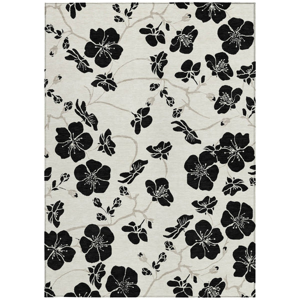 Homeroots 3' Black And Gold Floral Washable Area Rug For Indoor And Outdoor Use – Durable And Stylish Design 5' X 8' Polyester 600007