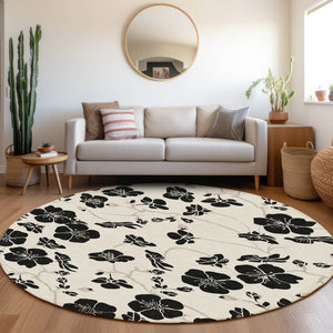Homeroots 3' Black And Gold Floral Washable Area Rug For Indoor And Outdoor Use – Durable And Stylish Design 8' Round Polyester 600008