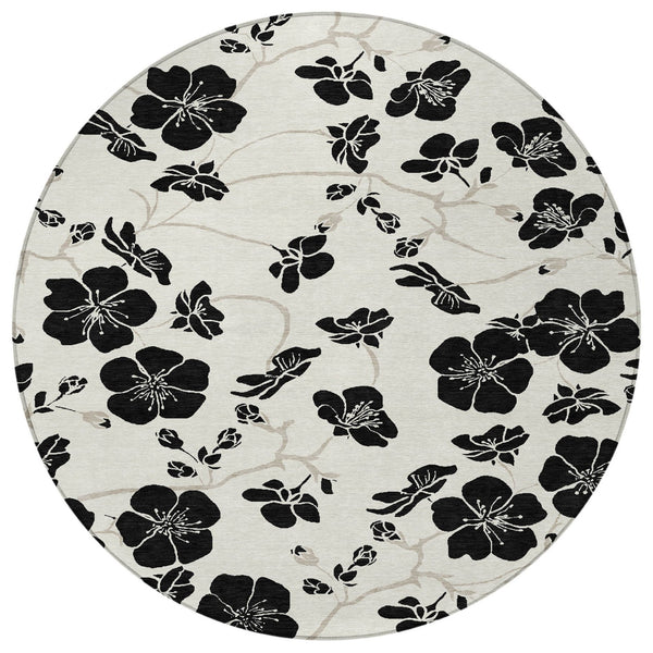 Homeroots 3' Black And Gold Floral Washable Area Rug For Indoor And Outdoor Use – Durable And Stylish Design 8' Round Polyester 600008