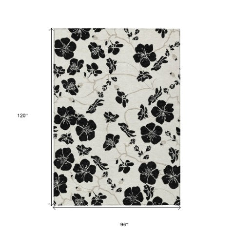 Homeroots 3' Black And Gold Floral Washable Area Rug For Indoor And Outdoor Use – Durable And Stylish Design 8' X 10' Polyester 600009