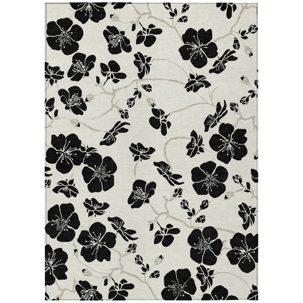 HomeRoots 9' X 12' Elegant Ivory & Black Floral Area Rug – Durable, Machine Washable for Indoor/Outdoor Use! 600010
