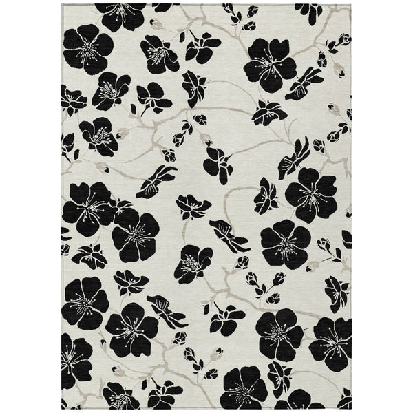 HomeRoots 9' X 12' Elegant Ivory & Black Floral Area Rug – Durable, Machine Washable for Indoor/Outdoor Use! 600010