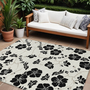 Homeroots 3' Black And Gold Floral Washable Area Rug For Indoor And Outdoor Use – Durable And Stylish Design 10' X 14' Polyester 600011