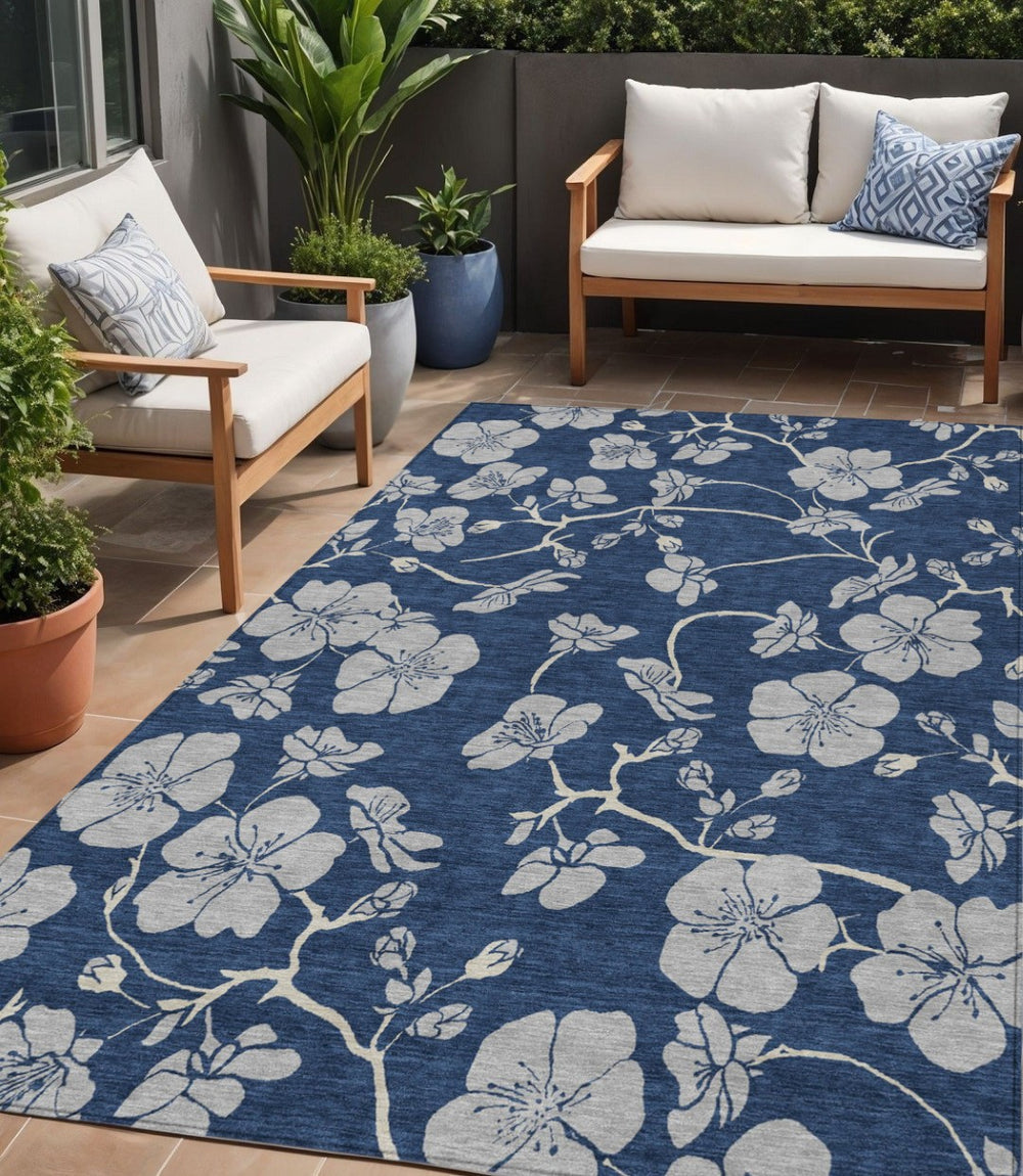 HomeRoots 5' Elegant Navy Blue and Gray Floral Area Rug for Indoor and Outdoor Spaces - Washable, Durable Design 5' X 8' 600025