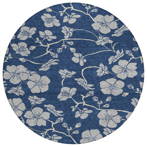HomeRoots 5' Elegant Navy Blue and Gray Floral Area Rug for Indoor and Outdoor Spaces - Washable, Durable Design 8' Round 600026