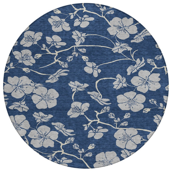 HomeRoots 5' Elegant Navy Blue and Gray Floral Area Rug for Indoor and Outdoor Spaces - Washable, Durable Design 8' Round 600026
