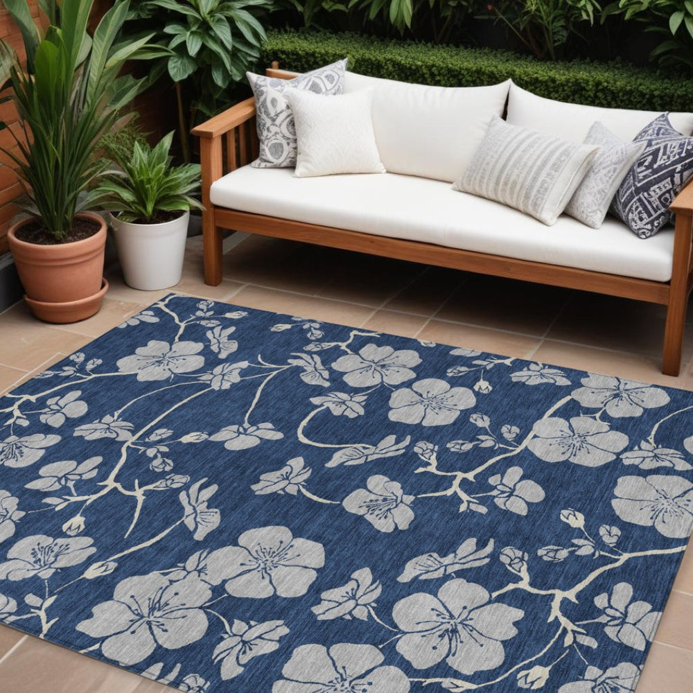 HomeRoots 9' X 12' Navy Blue & Gray Floral Area Rug – Washable, Stain-Resistant, Perfect for Indoor/Outdoor Use! 600028