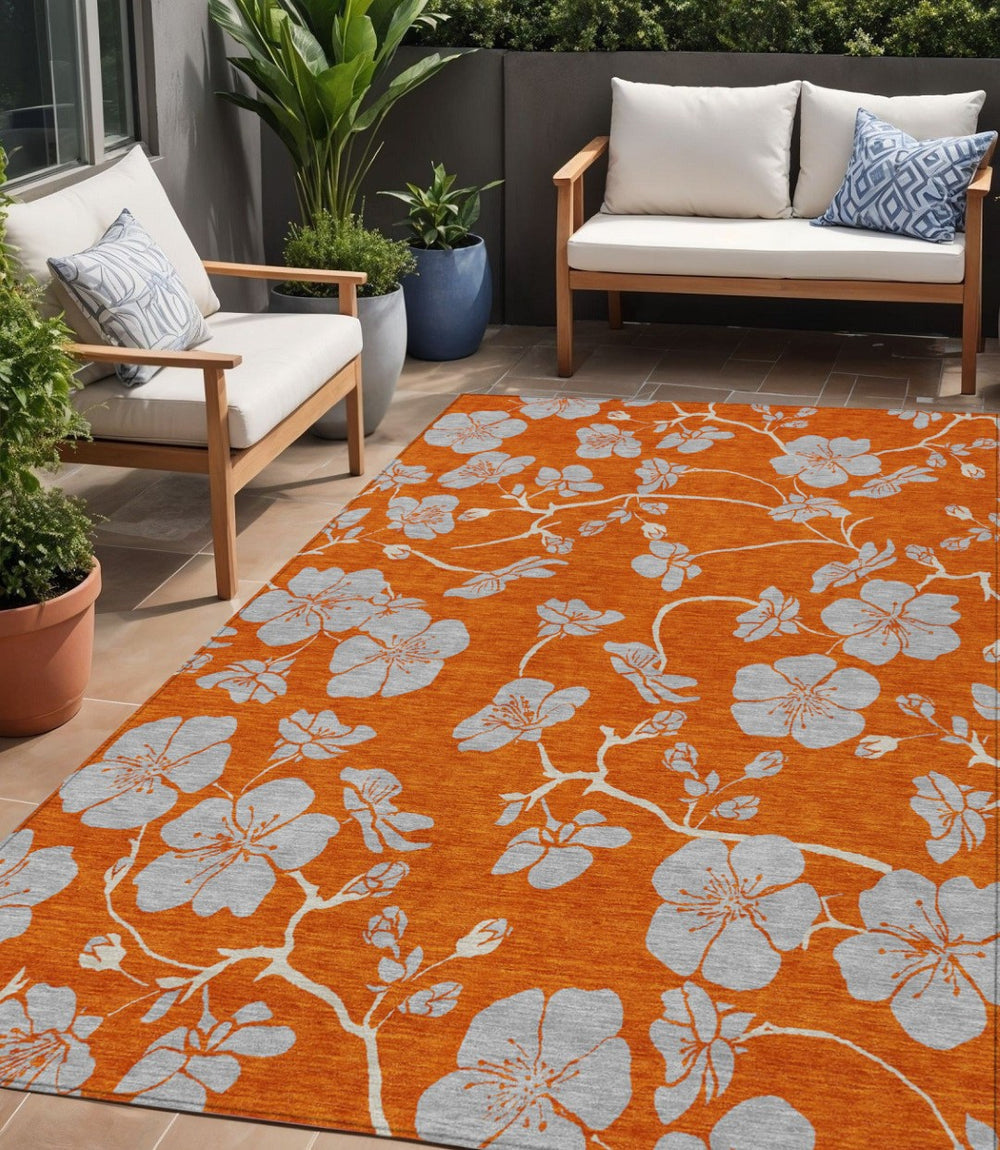 HomeRoots 5' Vibrant Orange and Gray Floral Indoor Outdoor Area Rug - Durable, Washable, Stylish Home Décor 5' X 8' 600031
