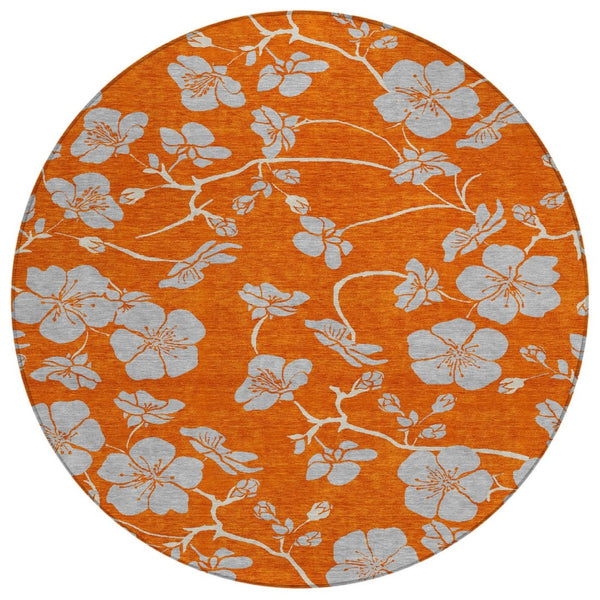 HomeRoots 5' Vibrant Orange and Gray Floral Indoor Outdoor Area Rug - Durable, Washable, Stylish Home Décor 8' Round 600032