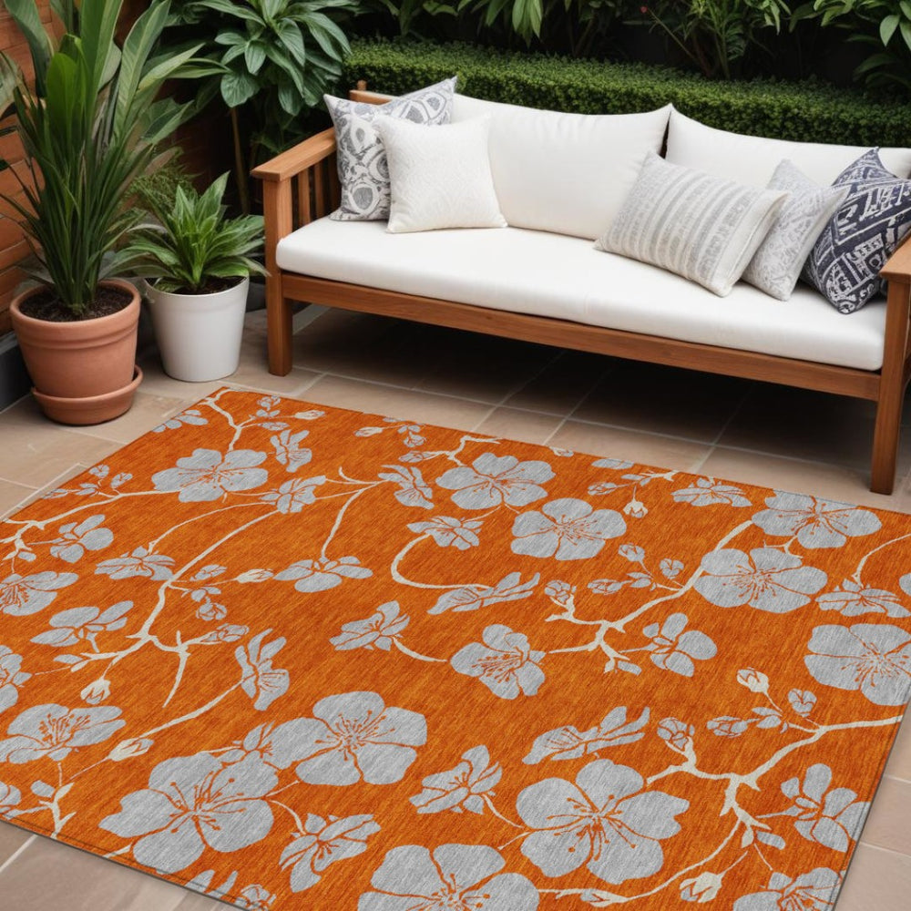 HomeRoots 9' X 12' Vibrant Orange and Gray Floral Area Rug - Washable, Durable Design for Indoor & Outdoor Use 600034