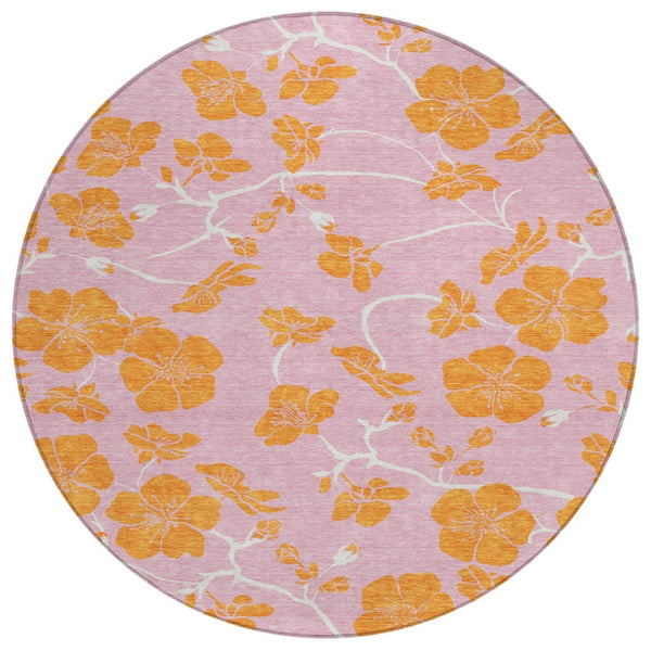 HomeRoots 5' Stylish Pink and Copper Floral Washable Area Rug for Indoor and Outdoor Spaces, Easy Care 8' Round 600038