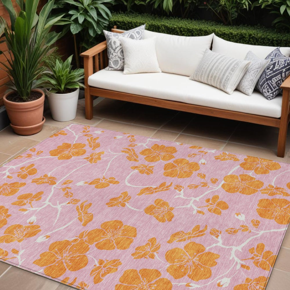 HomeRoots 9' X 12' Pink and Copper Floral Area Rug - Washable, Durable, Stylish for Indoor & Outdoor Spaces 600040