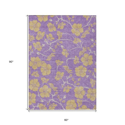 Homeroots 3' Black And Gold Floral Washable Area Rug For Indoor And Outdoor Use – Durable And Stylish Design 5' X 8' Polyester 600043