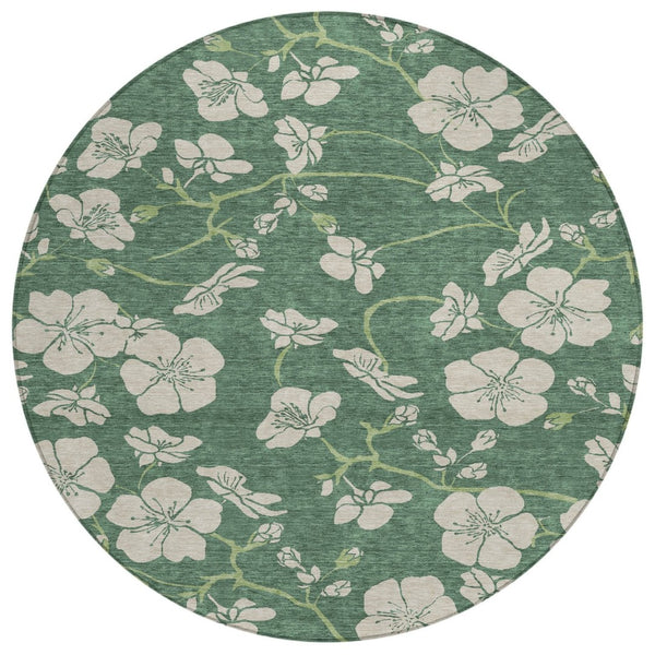 HomeRoots 5' Sage and Ivory Floral Area Rug - Durable, Washable Indoor-Outdoor Design for Stylish Spaces 8' Round 600050