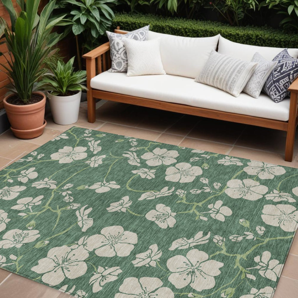 HomeRoots 9' X 12' Sage and Ivory Floral Area Rug - Stylish, Washable Design for Indoor & Outdoor Elegance 600052