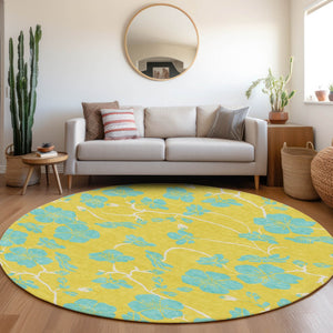 Homeroots 3' Black And Gold Floral Washable Area Rug For Indoor And Outdoor Use – Durable And Stylish Design 8' Round Polyester 600056