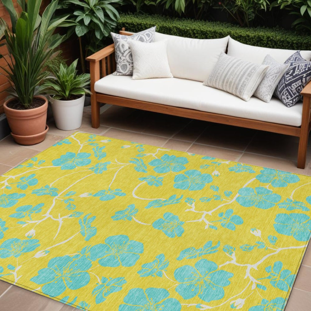HomeRoots 9' X 12' Vibrant Yellow and Aqua Floral Washable Area Rug - Durable, Stylish, Perfect for Indoors & Outdoors 600058