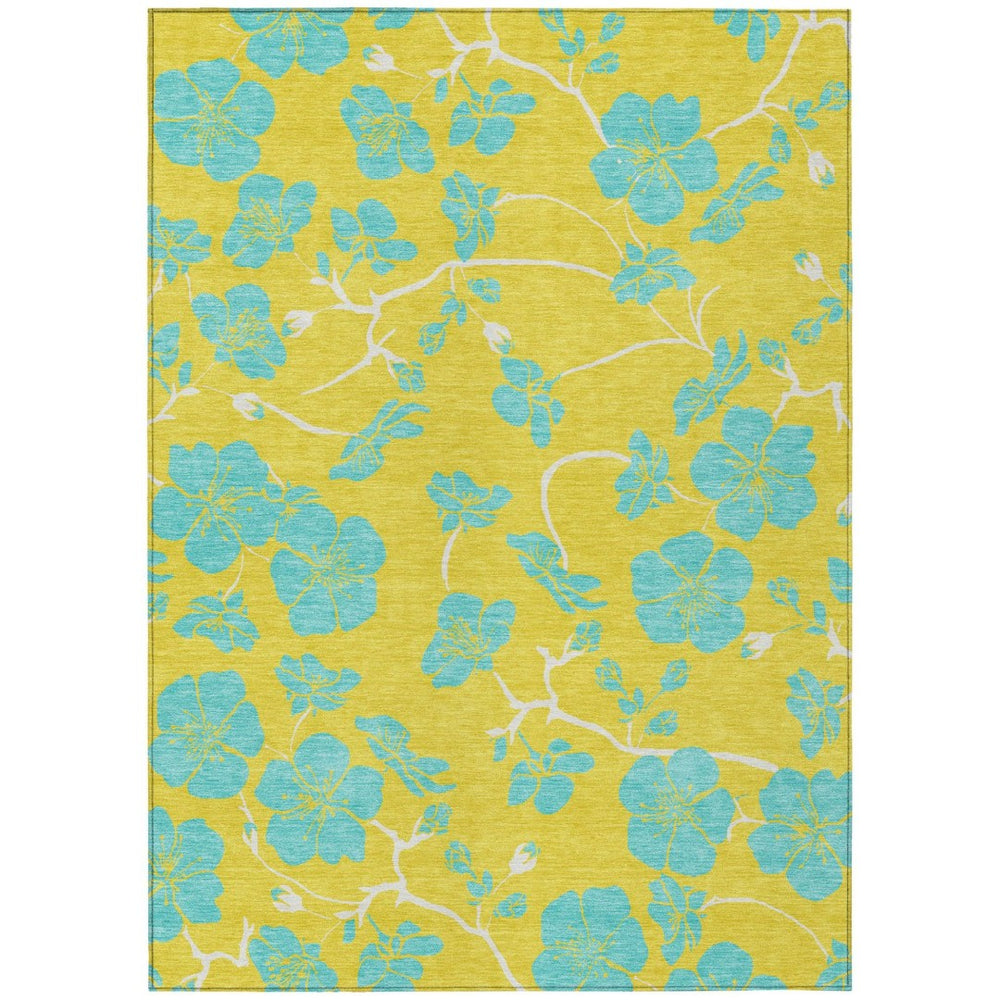 HomeRoots 9' X 12' Vibrant Yellow and Aqua Floral Washable Area Rug - Durable, Stylish, Perfect for Indoors & Outdoors 600058