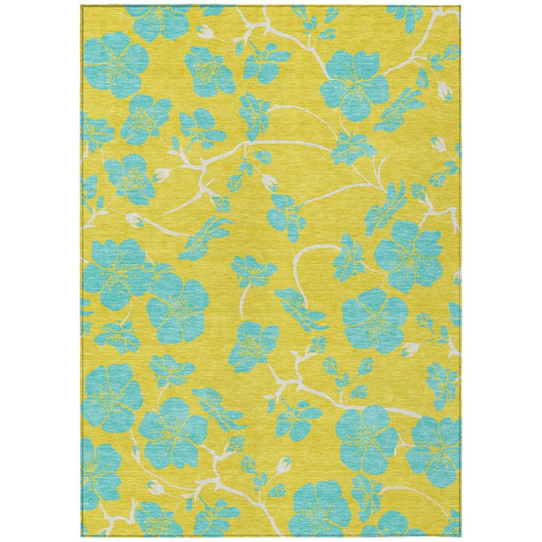 HomeRoots 9' X 12' Vibrant Yellow and Aqua Floral Washable Area Rug - Durable, Stylish, Perfect for Indoors & Outdoors 600058