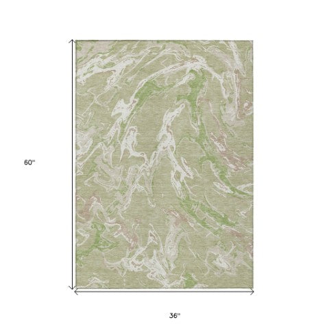 Homeroots 3' Artichoke Green And Ivory Abstract Washable Rug For Indoor And Outdoor Use - Stylish And Durable 3' X 5' Polyester 600060