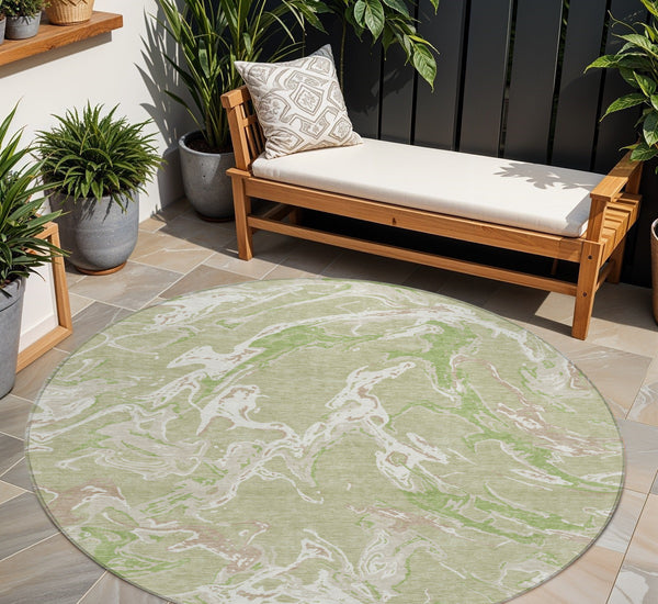 Homeroots 3' Artichoke Green And Ivory Abstract Washable Rug For Indoor And Outdoor Use - Stylish And Durable 8' Round Polyester 600062