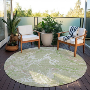 Homeroots 3' Artichoke Green And Ivory Abstract Washable Rug For Indoor And Outdoor Use - Stylish And Durable 8' Round Polyester 600062