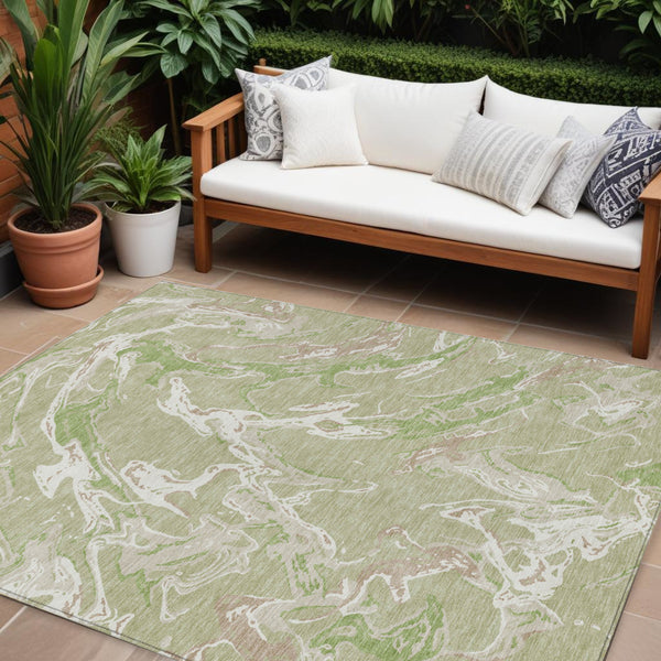 Homeroots 3' Artichoke Green And Ivory Abstract Washable Rug For Indoor And Outdoor Use - Stylish And Durable 9' X 12' Polyester 600064