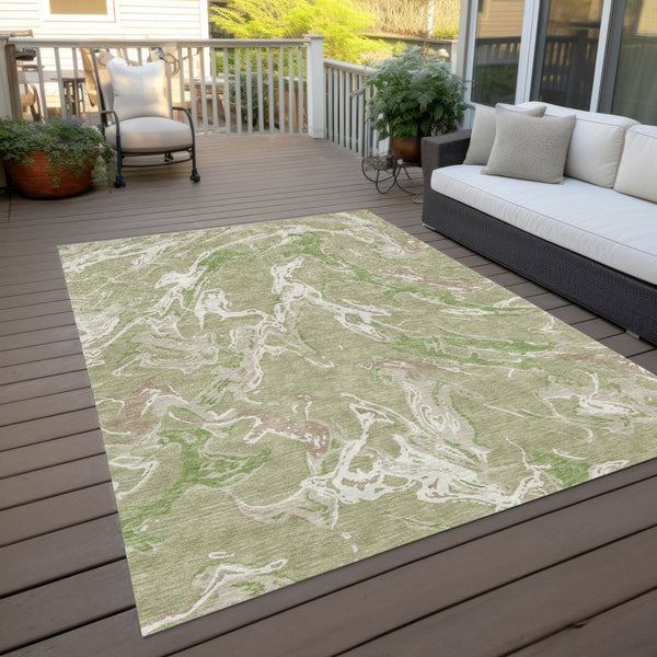 Homeroots 3' Artichoke Green And Ivory Abstract Washable Rug For Indoor And Outdoor Use - Stylish And Durable 10' X 14' Polyester 600065