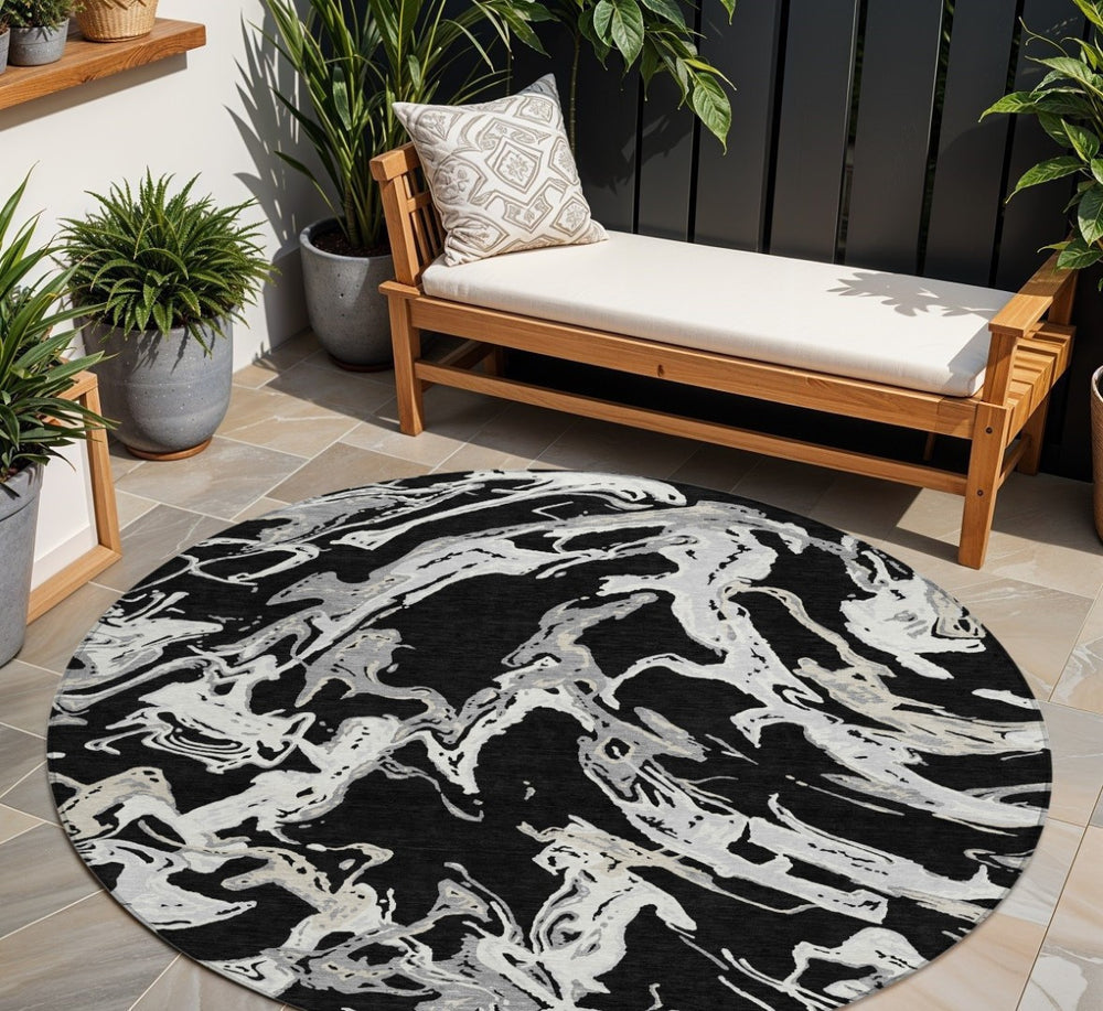 HomeRoots 5' Modern Black and Gray Abstract Area Rug - Durable, Washable Design for Indoor and Outdoor Spaces 8' Round 600068