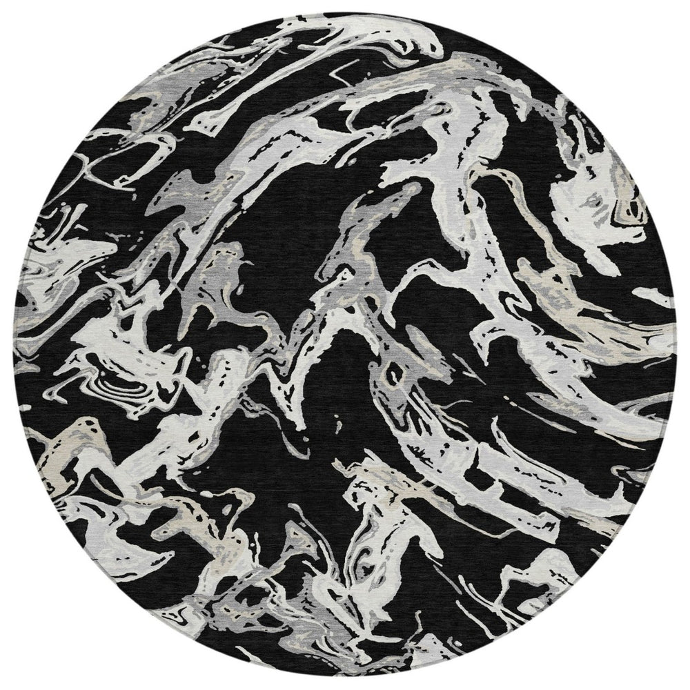 HomeRoots 5' Modern Black and Gray Abstract Area Rug - Durable, Washable Design for Indoor and Outdoor Spaces 8' Round 600068