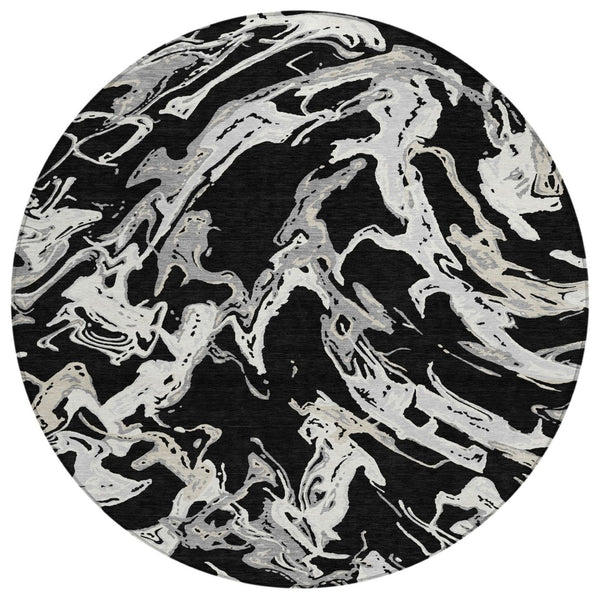 HomeRoots 5' Modern Black and Gray Abstract Area Rug - Durable, Washable Design for Indoor and Outdoor Spaces 8' Round 600068