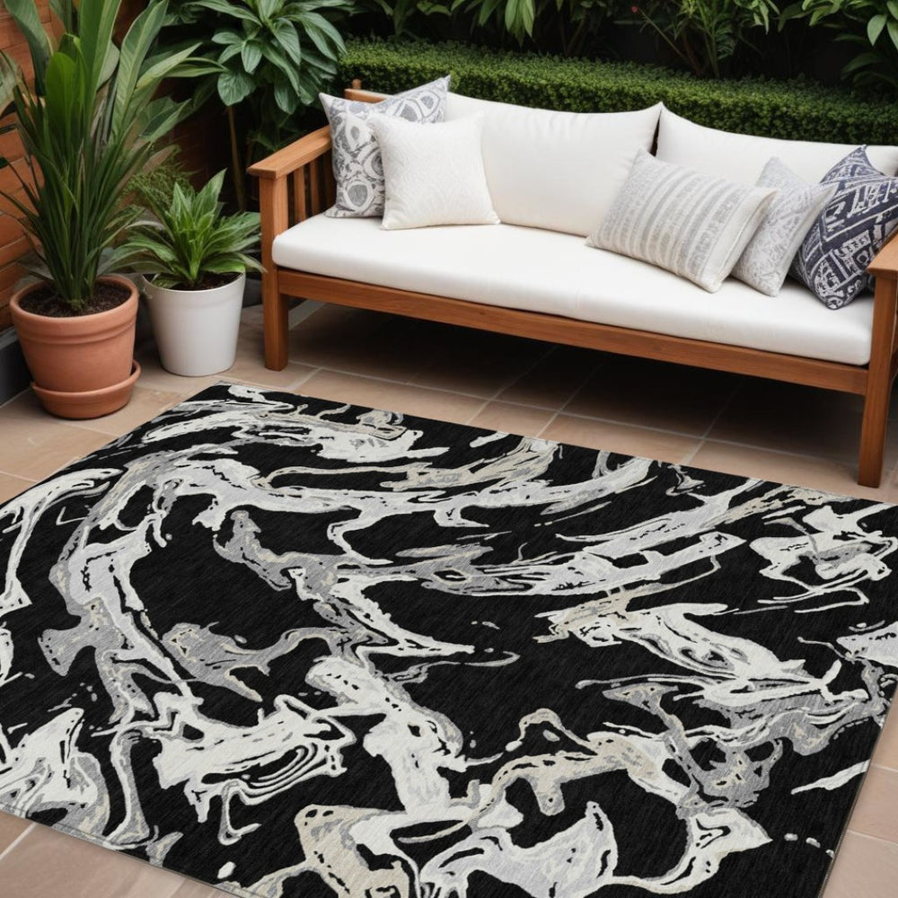 HomeRoots 9' X 12' Stylish Black and Gray Abstract Washable Area Rug for Indoor and Outdoor Versatility 600070