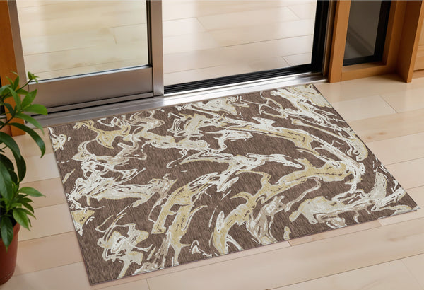 Homeroots 3' Artichoke Green And Ivory Abstract Washable Rug For Indoor And Outdoor Use - Stylish And Durable 3' X 5' Polyester 600072