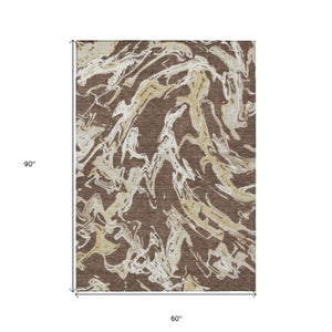 Homeroots 3' Artichoke Green And Ivory Abstract Washable Rug For Indoor And Outdoor Use - Stylish And Durable 5' X 8' Polyester 600073