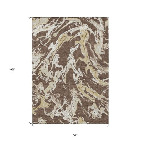 Homeroots 3' Artichoke Green And Ivory Abstract Washable Rug For Indoor And Outdoor Use - Stylish And Durable 5' X 8' Polyester 600073