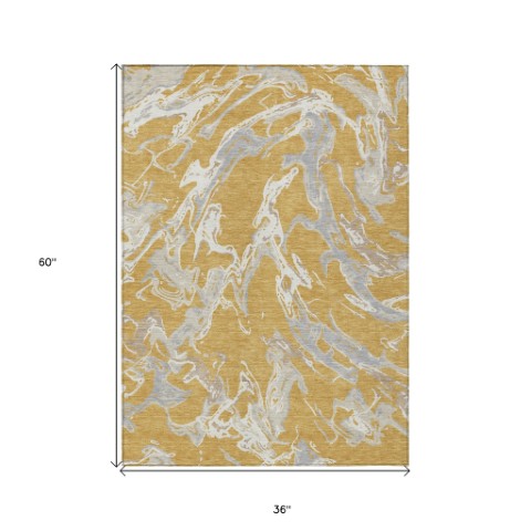 Homeroots 3' Artichoke Green And Ivory Abstract Washable Rug For Indoor And Outdoor Use - Stylish And Durable 3' X 5' Polyester 600084