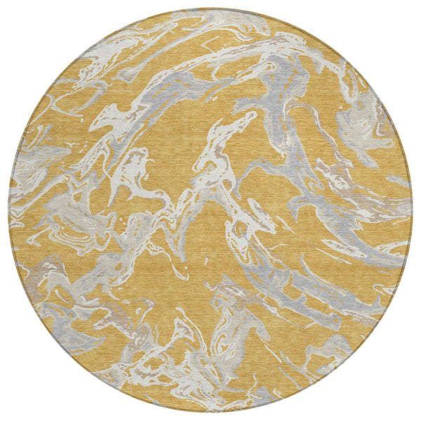 HomeRoots 5' Stylish Gold Gray Ivory Abstract Area Rug - Washable, Durable, Indoor/Outdoor Versatile Design 8' Round 600086