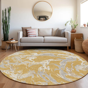 Homeroots 3' Artichoke Green And Ivory Abstract Washable Rug For Indoor And Outdoor Use - Stylish And Durable 8' Round Polyester 600086