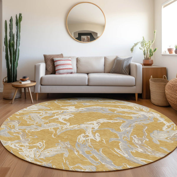 Homeroots 3' Artichoke Green And Ivory Abstract Washable Rug For Indoor And Outdoor Use - Stylish And Durable 8' Round Polyester 600086