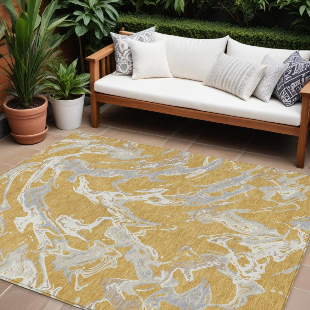 HomeRoots 5' Stylish Gold Gray Ivory Abstract Area Rug - Washable, Durable, Indoor/Outdoor Versatile Design 10' X 14' 600089