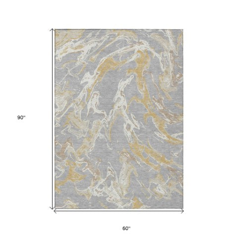 Homeroots 3' Artichoke Green And Ivory Abstract Washable Rug For Indoor And Outdoor Use - Stylish And Durable 5' X 8' Polyester 600091