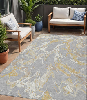 Homeroots 3' Artichoke Green And Ivory Abstract Washable Rug For Indoor And Outdoor Use - Stylish And Durable 5' X 8' Polyester 600091