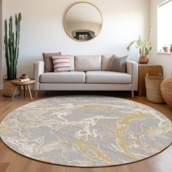Homeroots 3' Artichoke Green And Ivory Abstract Washable Rug For Indoor And Outdoor Use - Stylish And Durable 8' Round Polyester 600092