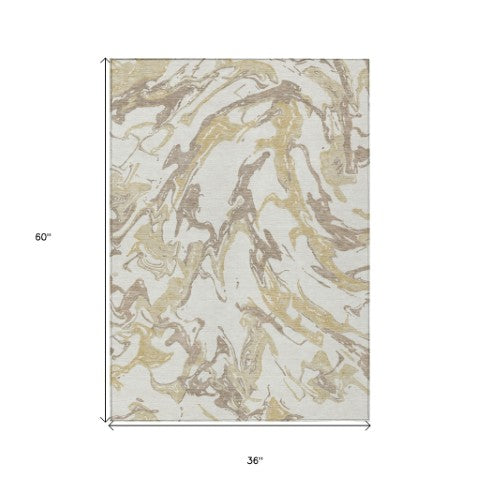 Homeroots 3' Artichoke Green And Ivory Abstract Washable Rug For Indoor And Outdoor Use - Stylish And Durable 3' X 5' Polyester 600096