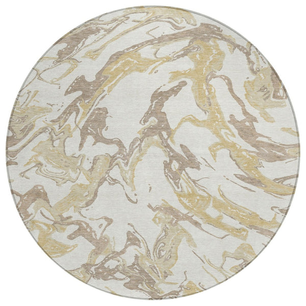 HomeRoots 5' Elegant Ivory Gold and Brown Abstract Area Rug for Indoor Outdoor Use - Durable and Washable Design 8' Round 600098
