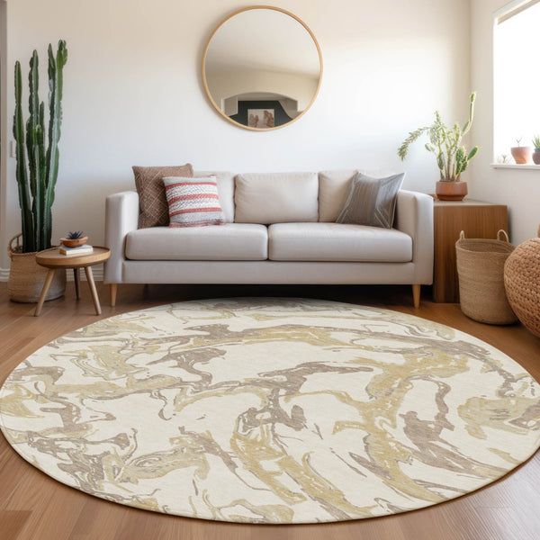 Homeroots 3' Artichoke Green And Ivory Abstract Washable Rug For Indoor And Outdoor Use - Stylish And Durable 8' Round Polyester 600098